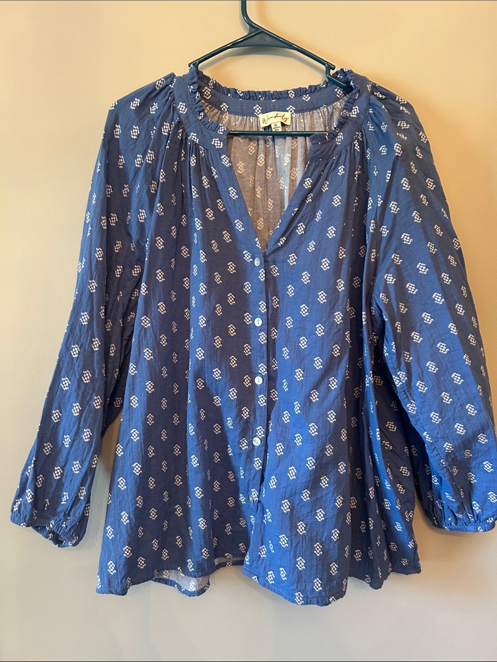 Wonderly Button Down Peasant Blouse with White Geometric Print, Size XL, Blue